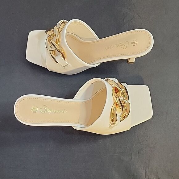 BRAND NEW SHOELAND SQUARE TOE SLIP-ON FOOT OPEN TOE GOLD CHAIN LINKING S… - Picture 9 of 16